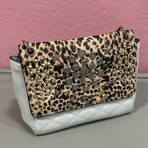 Guess Leo Stud Flap Crossbody Handbag Animal print White Brown Embelished